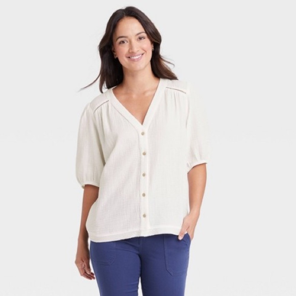 Elbow Sleeve Gauze Button Down Blouse